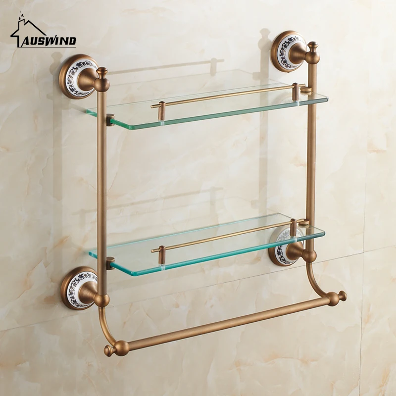 Antique Ceramic Bathroom Glass Shelf Luxury Bronze Wall Mounted Double