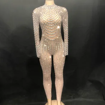 

Sparkly Rhinestones Pearls Party Jumpsuit Crystals Stretch Bodysuit Women's Birthday Celebrate Sexy Stage Show Dance Costume DJ