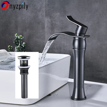 

Onyzpily Basin Faucet Bathroom Sink Faucet Single Handle Waterfall Spout Oil Rubbed Bronze Mix Hot Cold Water with Pop Up Drain