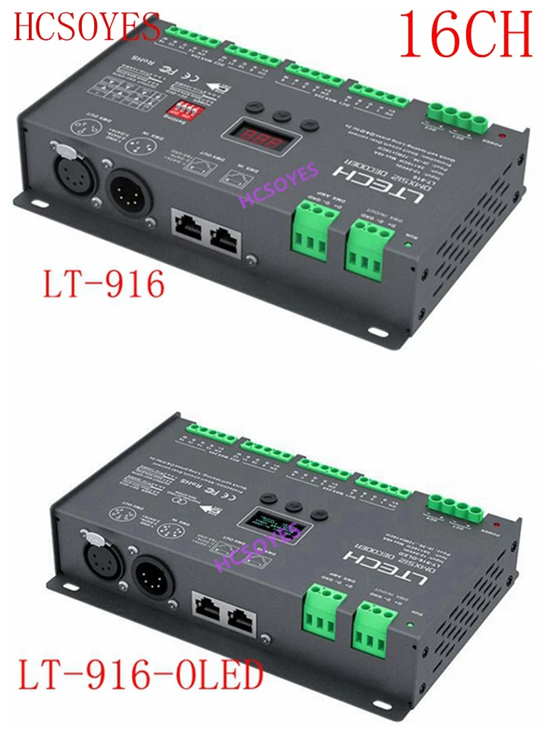 

LTECH 16CH 16 Channel LED DMX decoder LT-916-OLED/LT-916 6CH CV DMX Decoder;DC12V - 24V input;3A*16CH Max. 48A 1152W output