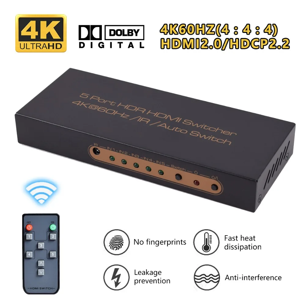 

Iseebiz 2.0 HDMI Splitter HD 4K*2K/60HZ HDMI 2.0 Switch 5 Input 1 Output Switcher for Home Theater DVD Player