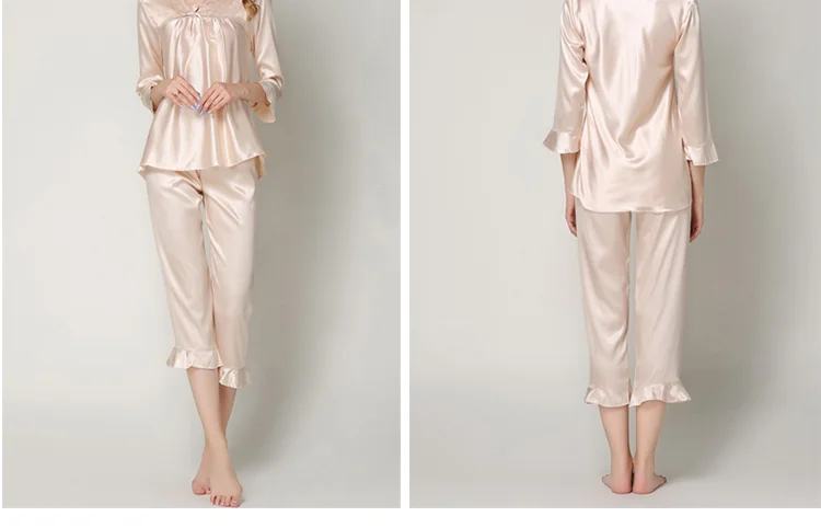 Осенняя шелковая атласная пижама для женщин, двухсекционный костюм, одежда для сна, кружевная ночная рубашка с оборками, Женская домашняя одежда, сексуальная ночная рубашка, пижамные комплекты