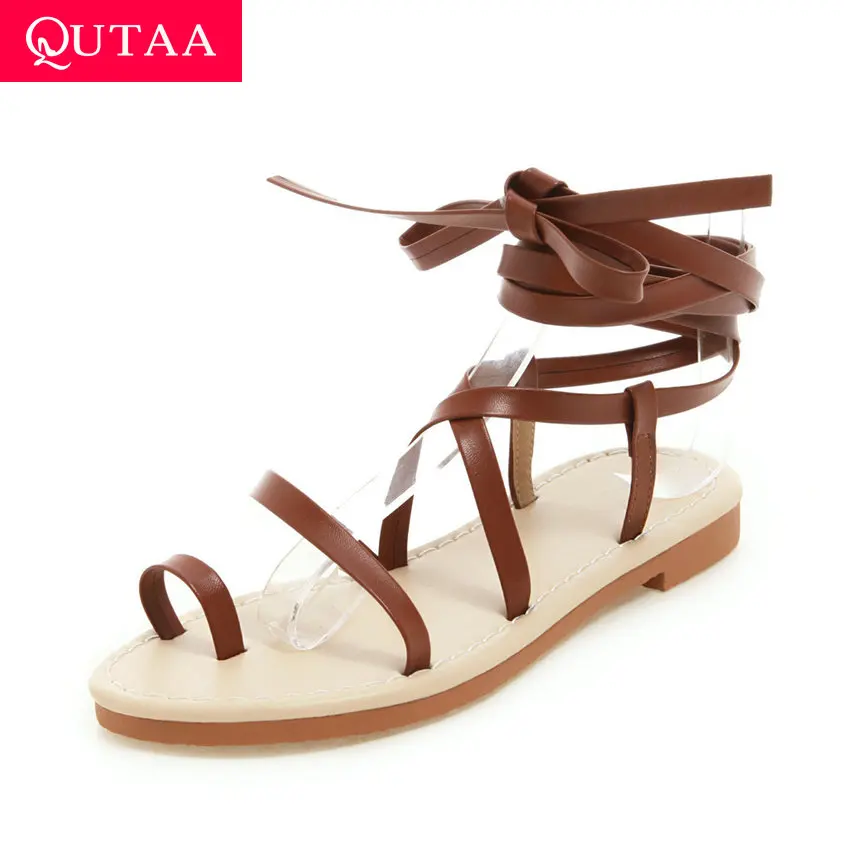

QUTAA 2019 Women Sandals Rome Flat Heel PU Leather Fashion Cross Tied Slingback Antiskid Summer Beach Ladies Shoes Size 34-43