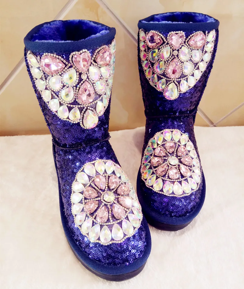 

Hot Selling Handmade Crystal Embellished Winter Boots 2018 Fashion Pink Rhinestones Glitter Snow Boots Woman Warm Boots