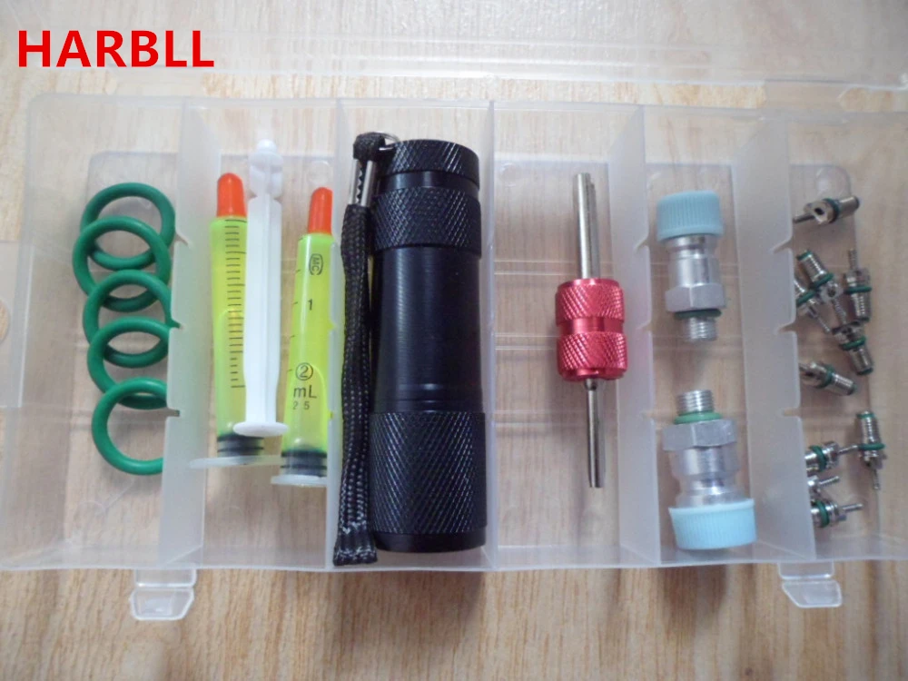 HARBLL 6-in-1 car air conditioning repair tool r134a fluorescence oils, UV leak detection flashlight, valve core, rubber seal HARBLL 6-in-1 car air conditioning repair tool r134a fluorescence oils, UV leak detection flashlight, valve core, rubber seal