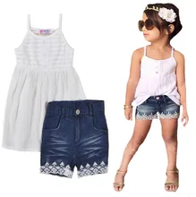 Enfant filles vêtements ensemble d’été blanc bretelles en mousseline de soie tops + denim dentelle shorts 2017 nouveau mode princesse fille vêtements ensembles