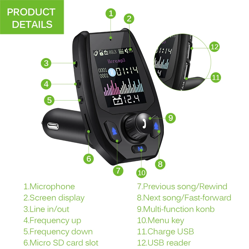 

Bluetooth 5.0 Car FM Transmitter Modulator 1.8 inch 2 USB Port AUX Port Car Charger Adapter handsfree MP3 Music player