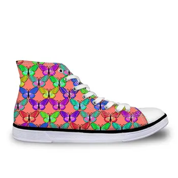 

WHEREISART Stylish Women Canvas Shoes High Top Butterfly Pattern Lace-Up Ladies Flat Training Sneakers Butterfly