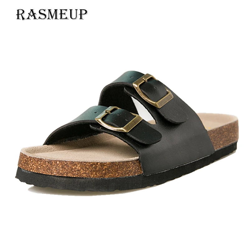 

RASMEUP Leather Women's Slippers 2018 Summer Soft Cork Buckle Flip Flops Women Beach Slides Casual White Woman FlipFlops Shoes