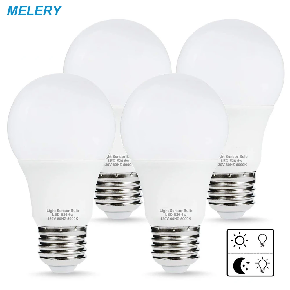 

Sensor LED Bulb Porch Light Dusk till Dawn A19 6W Daylight 5000K E26 Auto on/off Smart Indoor/Outdoor Lamp Garage,Hallway(4Pack)