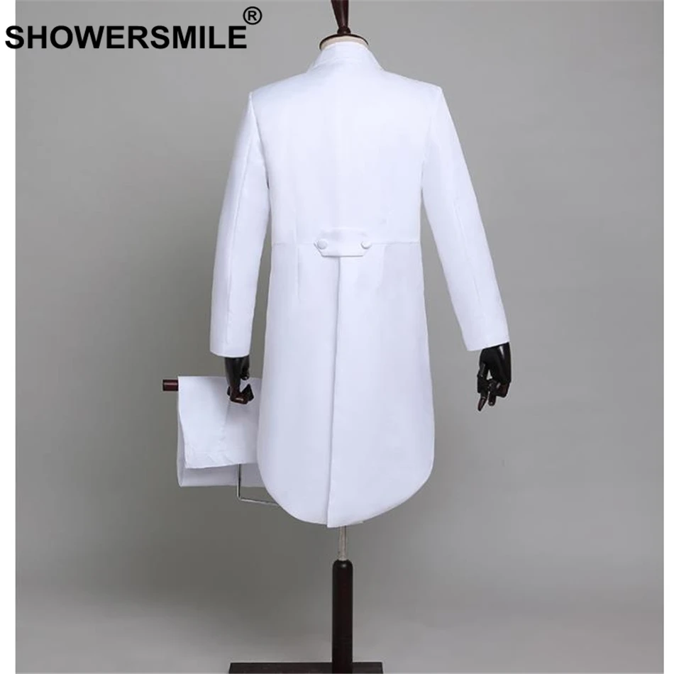 SHOWERSMILE, мужские костюмы, комплект из 4 предметов, смокинг для жениха, свадебные костюмы, белое пальто с хвостом ласточки, маги, костюмы для выступлений