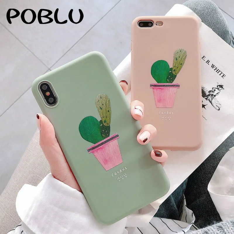 POBLU Cute Plant Cactus Leaf Case For iphone XR XS Max Korean Letter TPU Soft Back Phone Cover Shell 6s 7 8Plus |