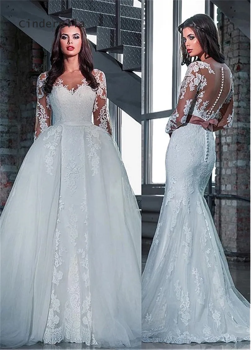 

Cinderella V-Neck Long Sleeves Covered Button Soft Tulle Lace Applique Mermaid Wedding Dresses Detachable Train Lace Bride Gowns