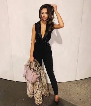 

new style fashion hot sale sexy women elegant hollow out deep v-neck backless jumpsuits straight celebrity body con wholesale