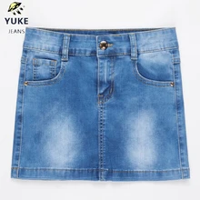 YUKE New Style Girls Denim Skirt Junior Short Denim Skirt Women's Stretch Denim Skirt Children's Elasticity Denim Skirt 8-15Age destroyed fishnet insert fray trim denim skirt