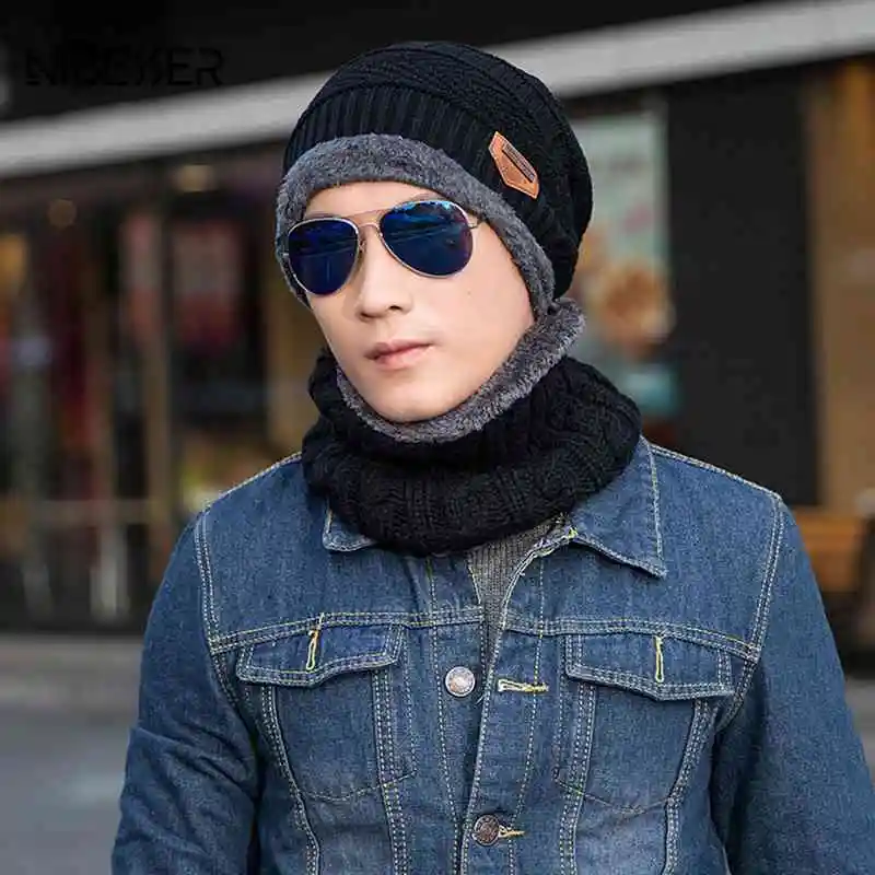 

NIBESSER Autumn And Winter Men's Knit Hat Plus Velvet Thickening Wool Caps Men's Fashion Hat Men's Caps Collar Collar Suit