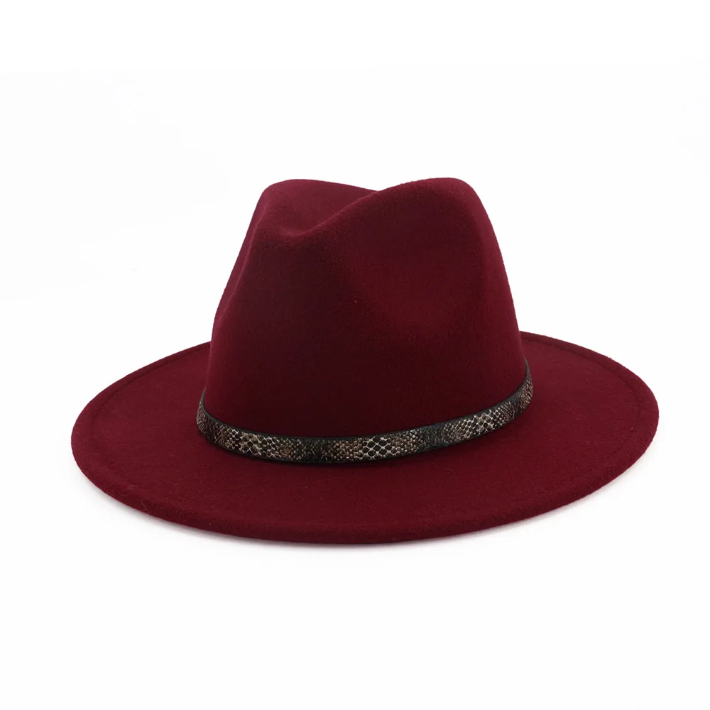 Шерстяная фетровая шляпа унисекс, джазовая фетровая шляпа, украшение из змеиной кожи, модная шляпа Хомбург с плоским козырьком, Панама, официальная шляпа, Trilby Chapeau