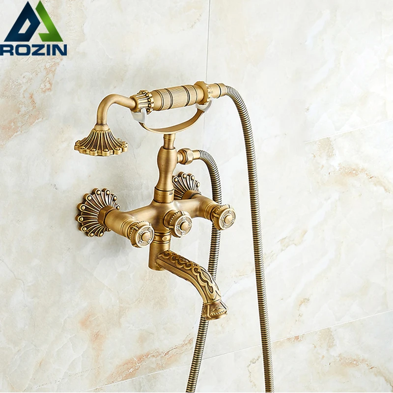 

European Style Artistic Carved Bathtub Mixer Faucet Dual Handle Bath Shower Set with Hand Shower Swivel Tub Spout