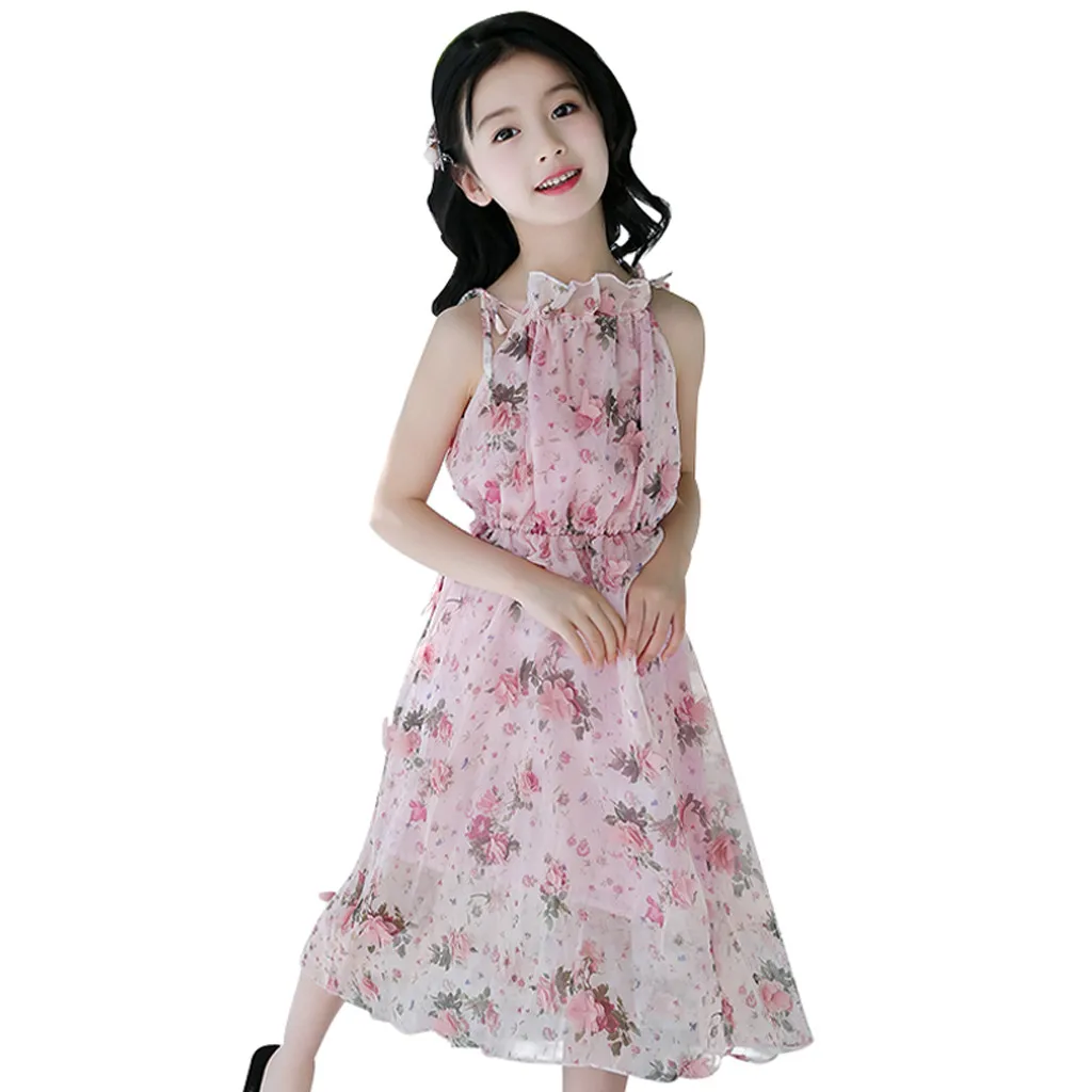 

Girls Dress Summer 2019 Hot New Teen Kids Dresses for Girls Floral Strap Ruched Tulle Mid-Calf Dress Princess Dresses 3Y-12Y