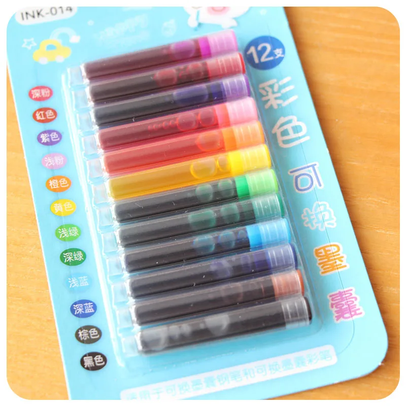 

Korean Stationery 12 pcs/lot (1 bag ) 12 Colores Creative Cute Mini Disposable Ink Cartridge Refills For Fountain Pen