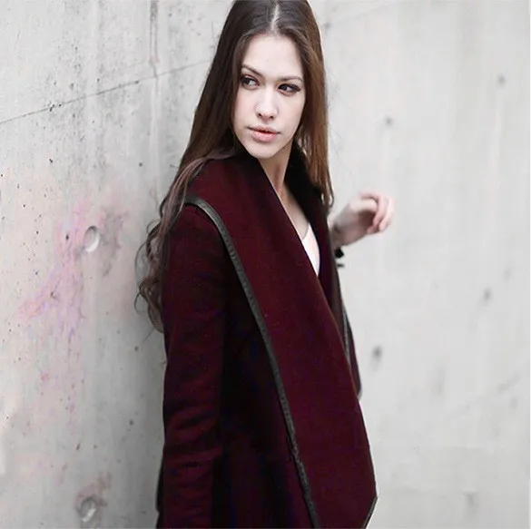 Lisa Colly Новая модная женская Зимняя шерстяная куртка на молнии Асимметричная лента из ПУ искусственной кожи водопад открытый передний кардиган пальто