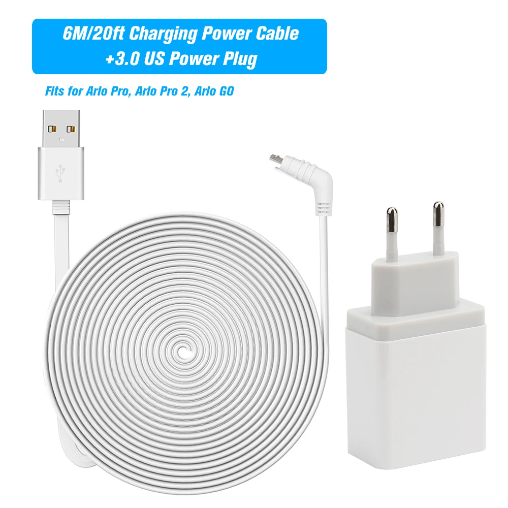 

6M/20ft Charging Power Cable Fits for Arlo Pro Arlo GO Flat Cable Micro USB Cable Charging Power Cord