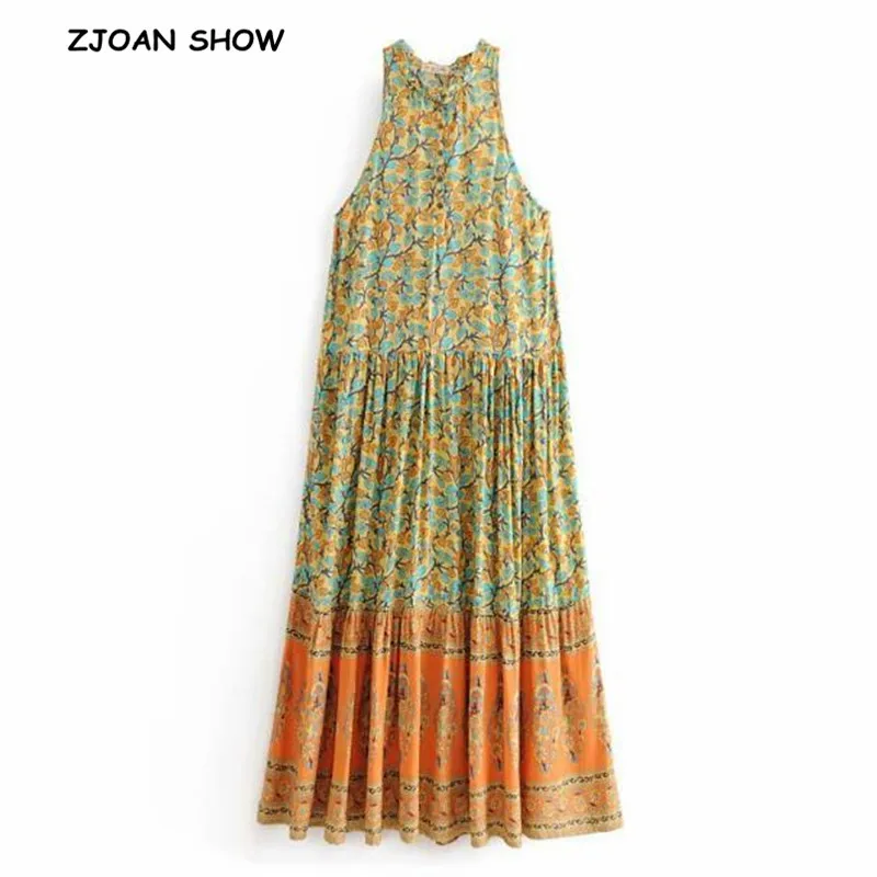 

Bohemian Open Buttons Wood ears O neck Elephant Floral Print Dress Yellow 2018 Ethnic Woman Sleevless Swing Dresses Long Vestido