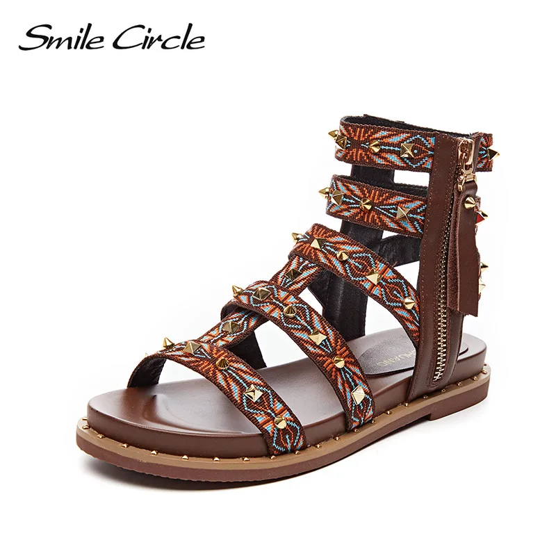 

Smile Circle Summer Women Sandals Women Roman Style Embroidery rivet Flat Sandals women Shoes Summer 2019