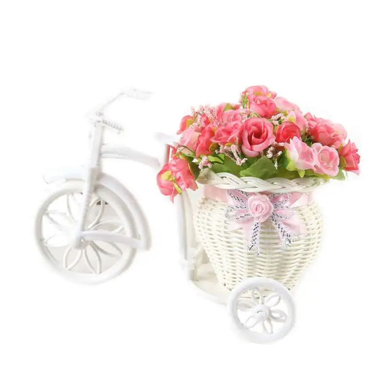 Artificial Flower Wheeled Tricycle Basket Bowknot Bonsai Set Home Decor Props for Living Room Office