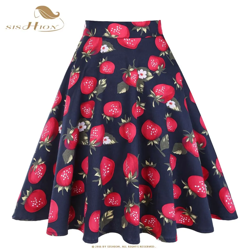 

SISHION 2019 Retro Women Skirts High Waist Cotton Blue Strawberry Print Floral Rockabilly Vintage Beach Sexy Summer Skirt VD0020