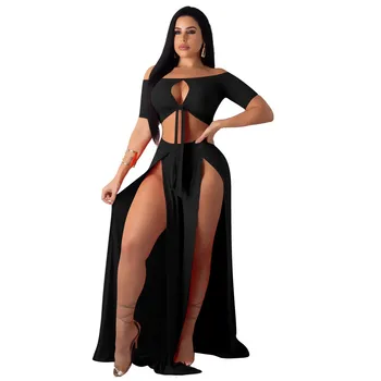 

Plus Size Crop Top And Split Long Skirt Suit Solid 2 Piece Set Casual Women Short Sleeve Hollow Out Outfits Summer Suit