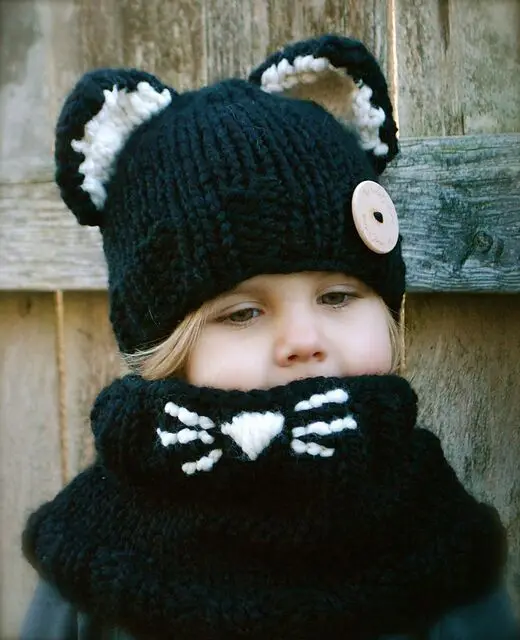 Вязаные Детские шляпы, Зимняя Детская шерстяная хлопковая вязаная шапка, шарф, комплект для девочек, милый кролик, лиса, хлопковая накидка, детская одежда, D0240 - Цвет: D0240 C