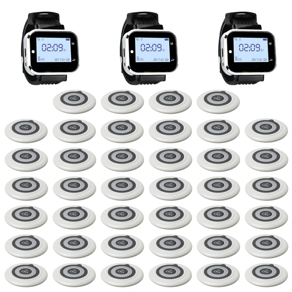 

JINGLE BELLS Wireless Waiter Calling System For Restaurant Service Pager System 3 Watch Receiver, 40 Call Button Hotel Call Bell
