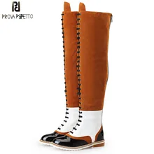 Prova Perfetto 209 Женские Сапоги выше колена в стиле ретро из натуральной кожи; замшевые высокие сапоги с цепочкой и перекрестной шнуровкой; женские сапоги на плоской подошве