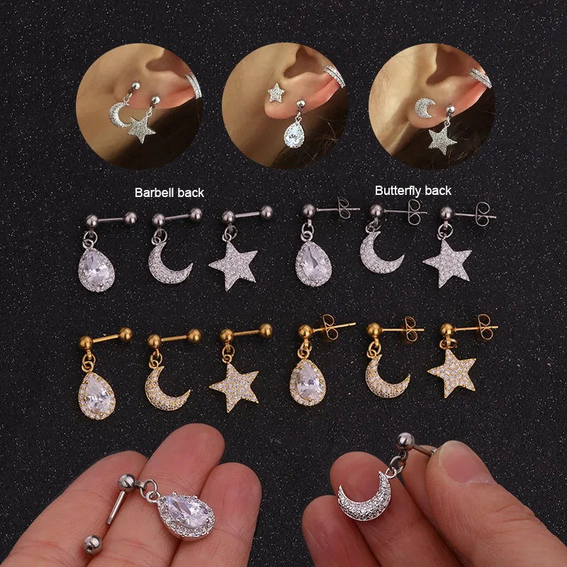 

Sellsets 1PC Stainless Steel Barbell With Big Star Moon Teardrop Cz Cartilage Helix Lobe Dangle Earring Ear Piercing Jewelry