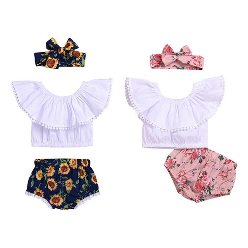 3 предмета, детская одежда для малышки, дизайнерская футболка с кисточками + шорты с цветочным рисунком + повязка на голову, Одежда для