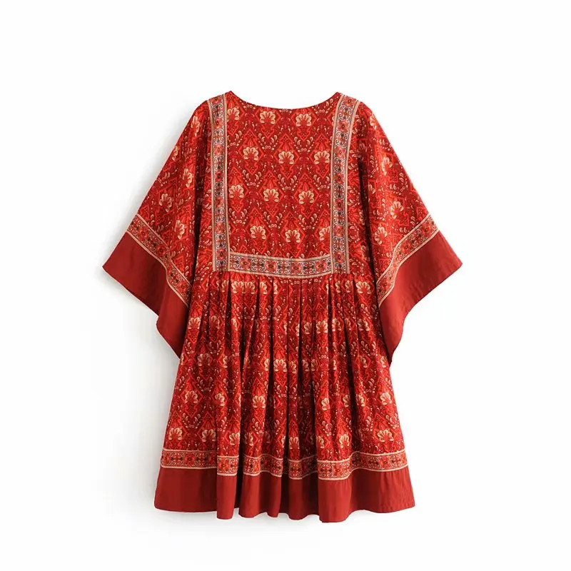 Vintage chic Women red floral print o-neck loose happie Bohemian mini dress ladies batwing sleeve Boho dresses vestidos