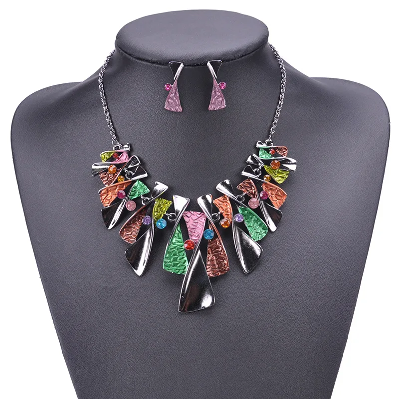 

Fashion Crystal Enamel Jewelry Sets Geometric Choker Maxi Black Necklace Set Women Nickel Free Earrings Bijoux Pendientes Collar