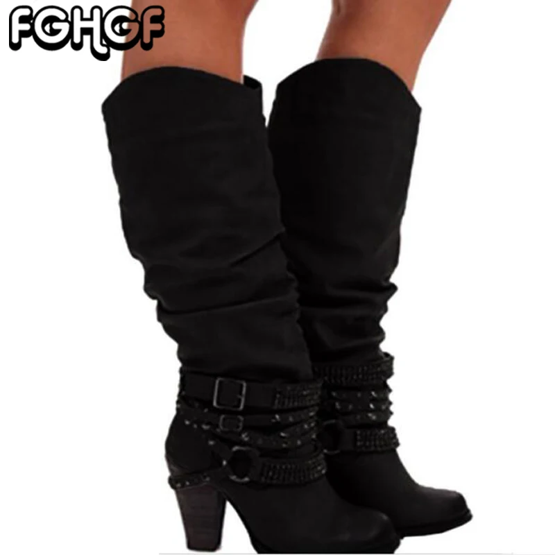 

Vintage winter Women Boots sexy High heels Slip-On square heel boots woman Knee-High boots Casual platform shoes Female boot Y11