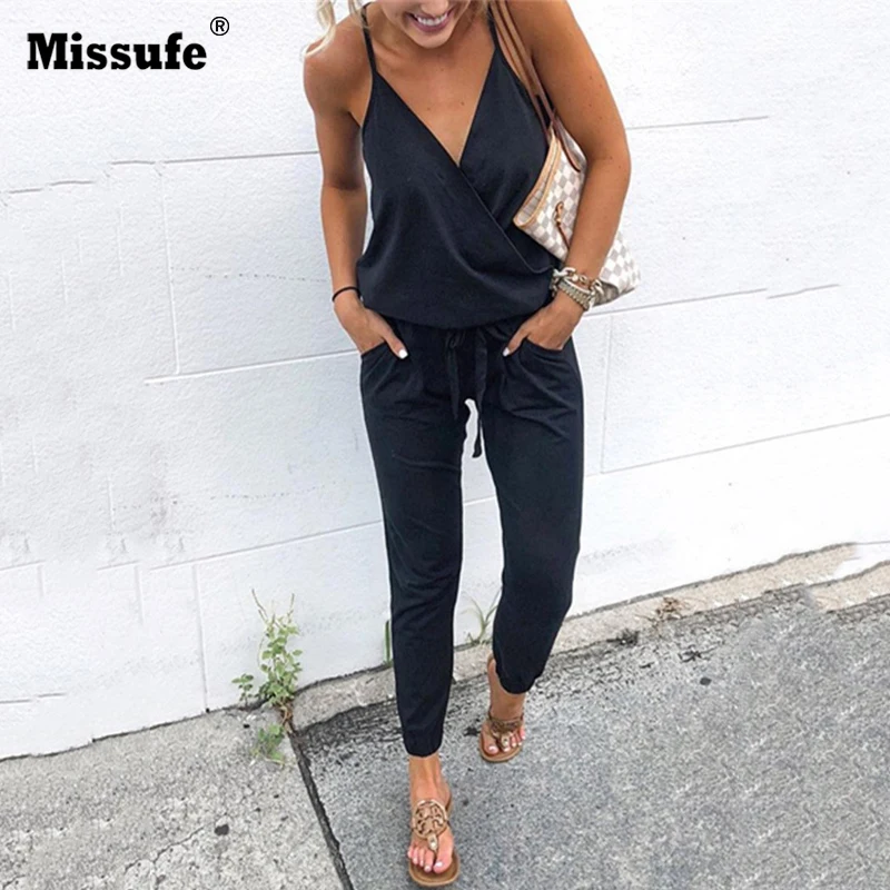 

Missufe Spaghetti Strap V Neck Wrap Jumpsuit Slim Streetwear Pocket 2019 Summer Bodysuit Women Drawstring Rompers Solid Playsuit