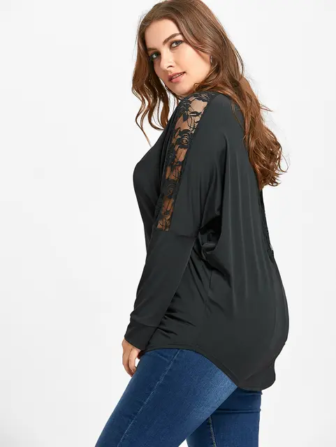 Women Tunic Tops Lace Insert Sheer T-Shirt Spring Female Casual Round Neck Long Sleeve Tee