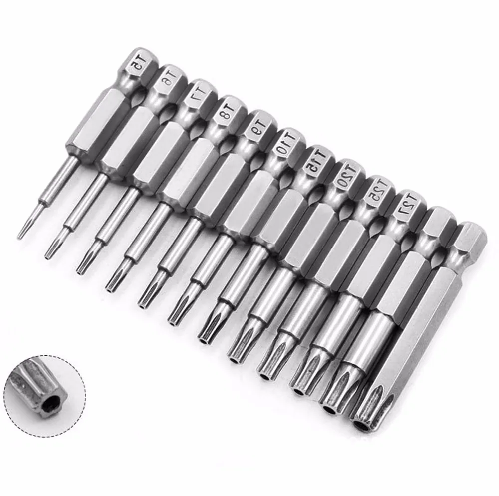 12pcs 50mm 1/4" Hex Shank Torx Star Head Magnetic Screwdriver Bit Set Tool
