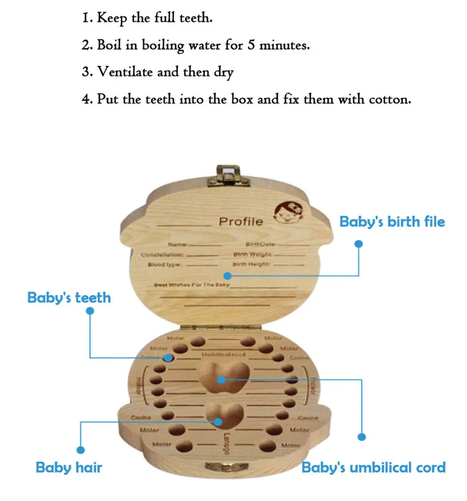  Spanish English Russian French Baby Wood Tooth Box Organizer Milk Teeth Storage Collect Teeth Umbilica Save Gifts