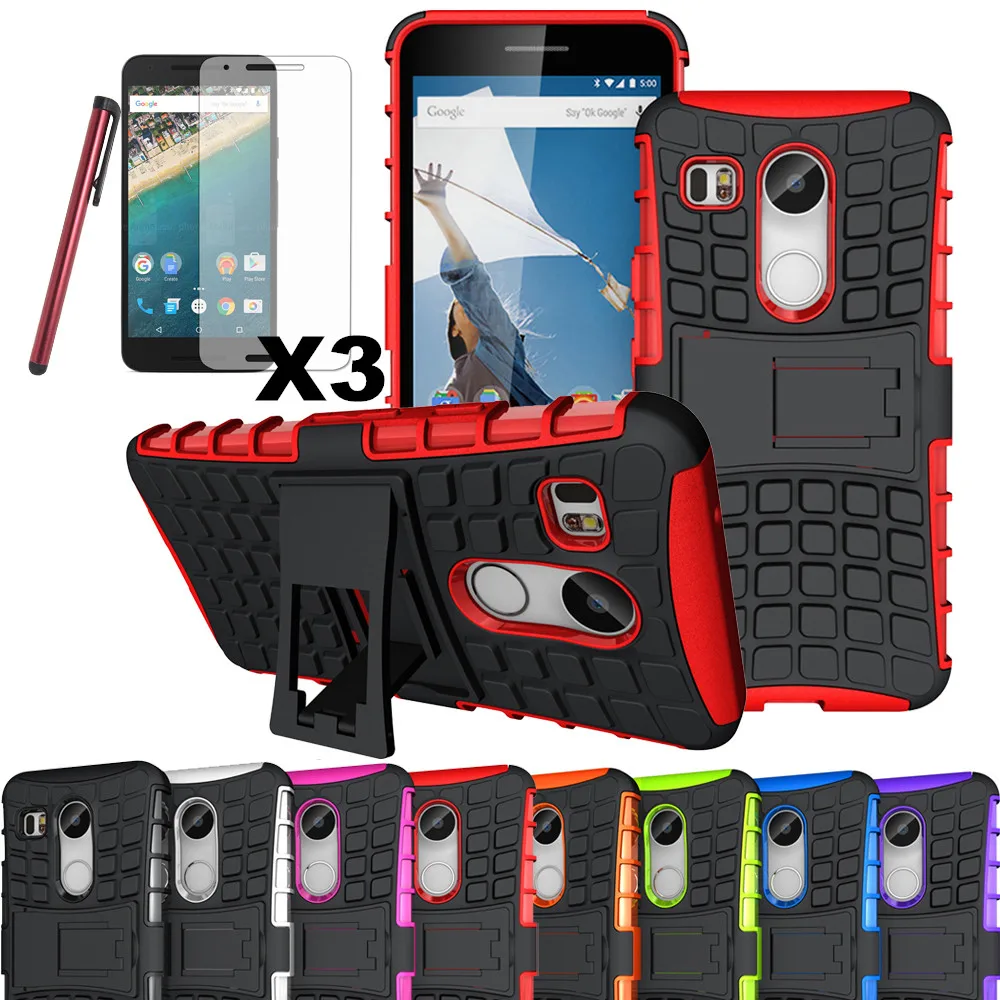 

For LG Google Nexus 5x 2015 Rugged Shockproof Hybrid Impact Kickstand Case Hard Protective Cover With Screen Protector + Stylus