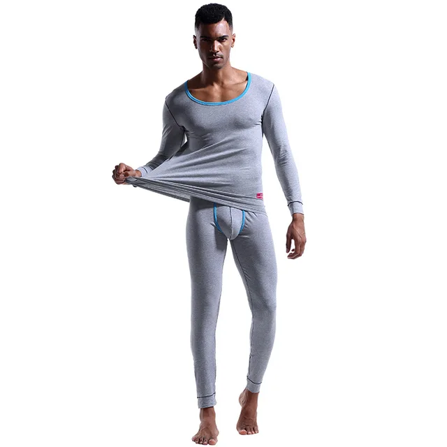 Thermal Clothing Winter Warm Long Johns Set For Men Solid Color Cotton