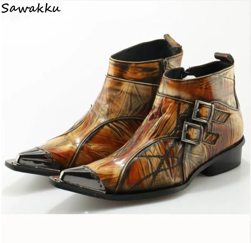 

Retro Botas Hombre Autumn Winter Real Leather Men's Boots Buckle Zipper Men Ankle Boots Iron Pointed Toe High Top Shoes Man