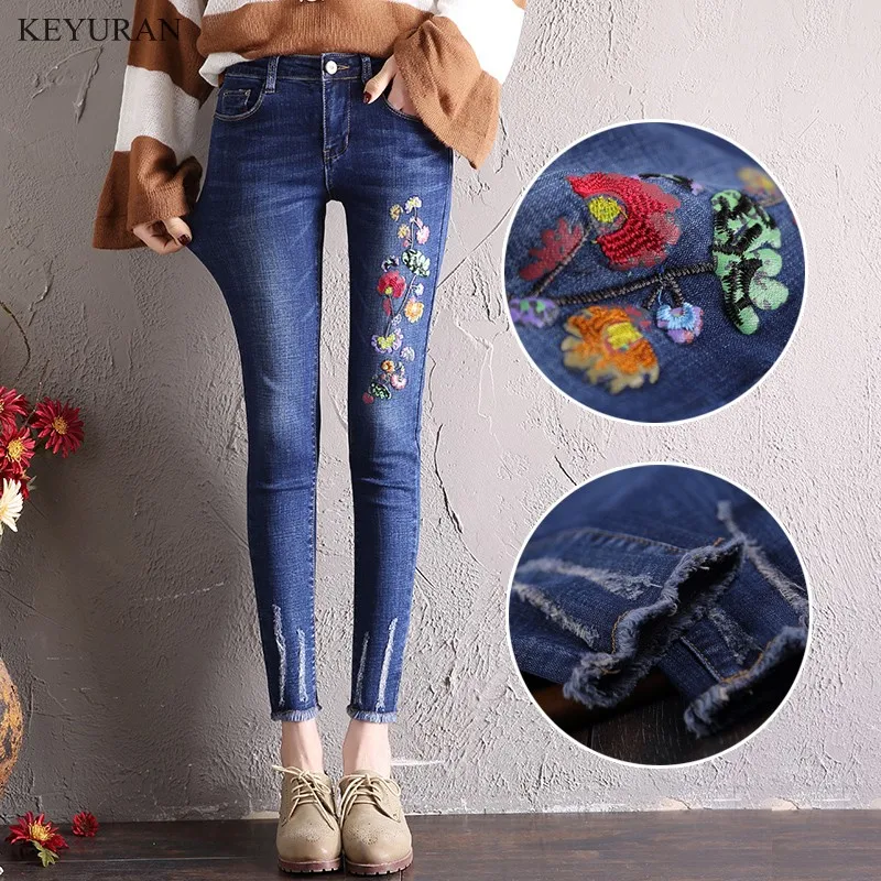 Spring summer floral embroidery jeans women fashion embroidered flower
