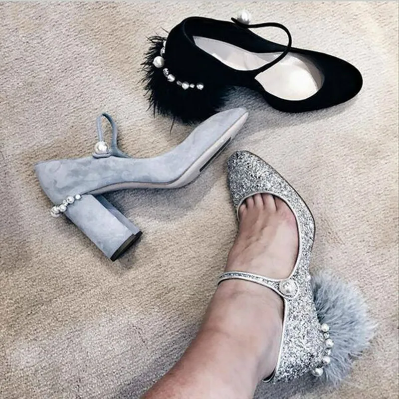 

2018Svonces Stylish Fringe Feather Heel Lady Pumps Pearl Embellished Mary Jane Pumps Silver Sequins High Heel Party Shoes Women