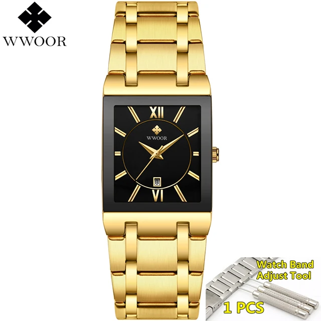 Мужские часы лучший бренд класса люкс WWOOR золотой черный квадратный кварцевые часы мужские водонепроницаемые золотые мужские наручные часы мужские - Цвет: gold black box