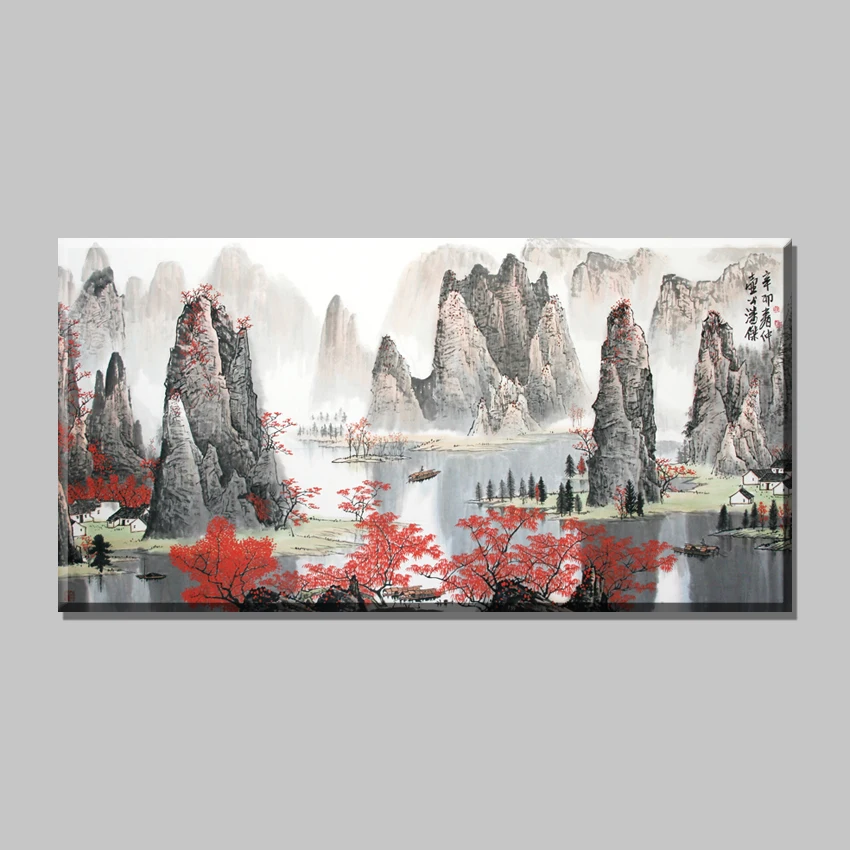 Печать на холсте картины для дома декоративные на стене Искусство китайский пейзаж красный клен и лодка картины Винтаж для гостиной
